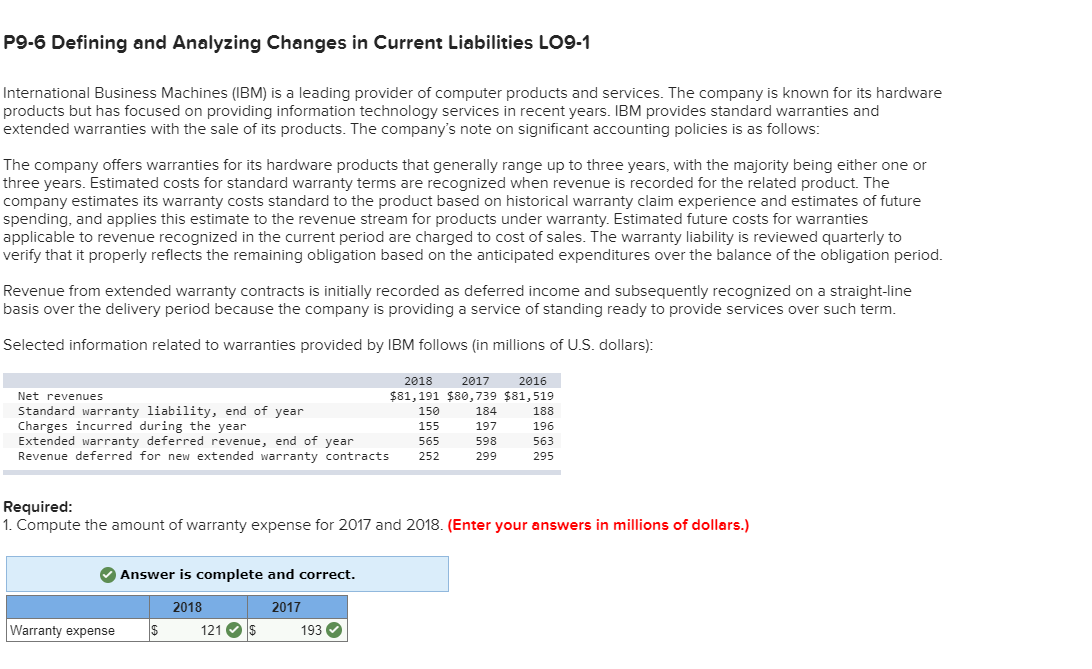 P9-6 Defining and Analyzing Changes in Current Liabilities LO9-1 International Business Machines