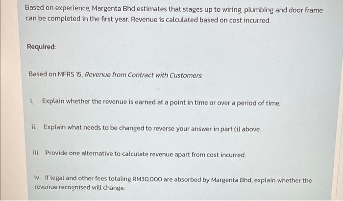 Based on experience, Margenta Bhd estimates that stages up to wiring, plumbing