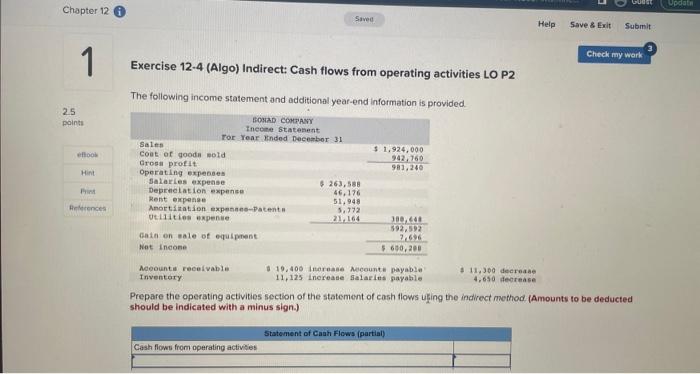 Chapter 12 1 2.5 points Saved Exercise 12-4 (Algo) Indirect: Cash flows