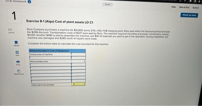 Ch 8: Homework 1 Seved 2.5 points Exercise 8-1 (Algo) Cost of