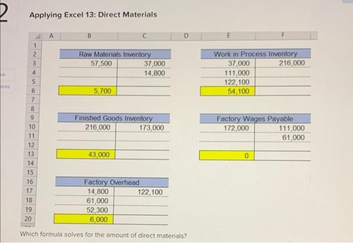 2 Applying Excel 13: Direct Materials 3 4 ok nces 56 7