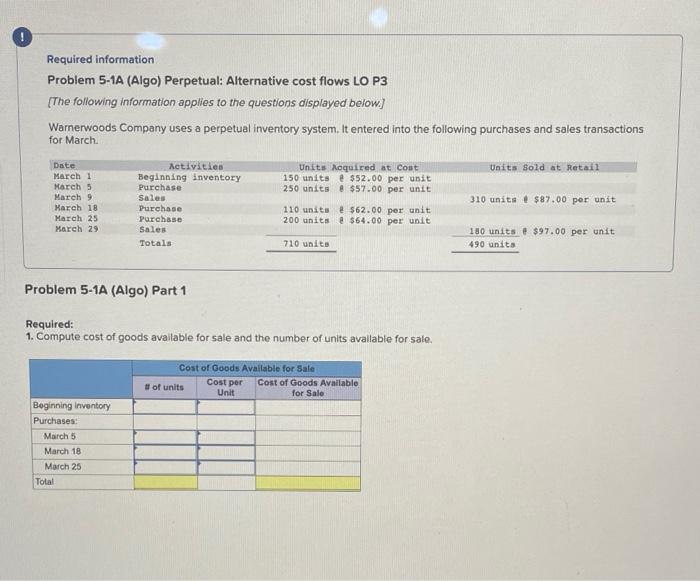 Required information. Problem 5-1A (Algo) Perpetual: Alternative cost flows LO P3 [The
