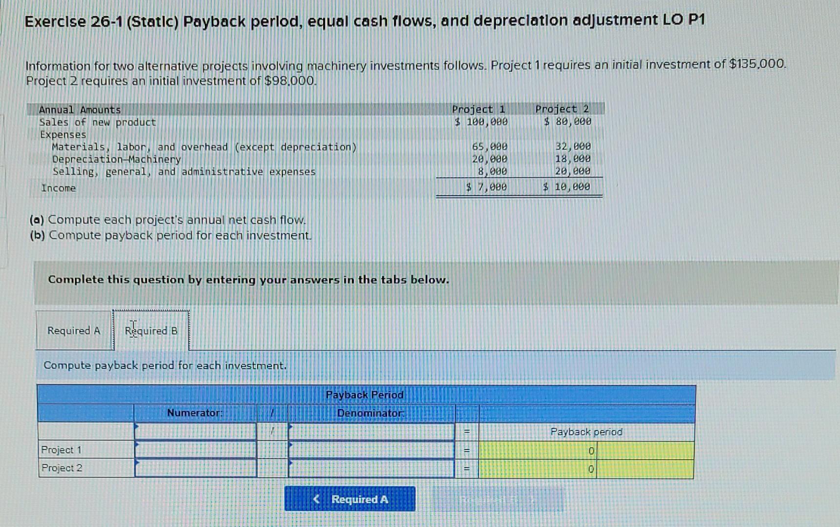 P1 Information for two alternative projects involving machinery investments follows. Project 1