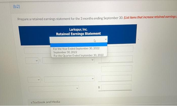 (List items that increase retained earnings first.) Larkspur, Inc. Retained Earnings Statement