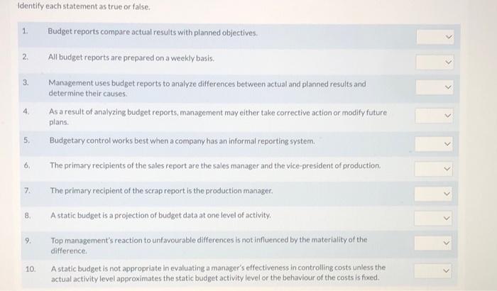 Identify each statement as true or false. 1. Budget reports compare actual