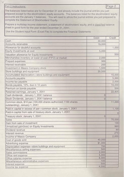 Part 2 Instructions: Page 2 The balances listed below are for December