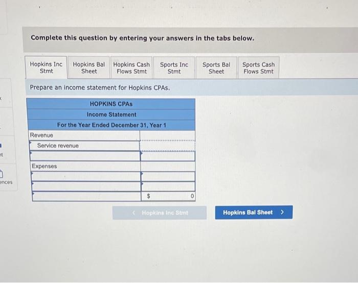 for the Year 1 accounting year. Hopkins CPAs is a service business