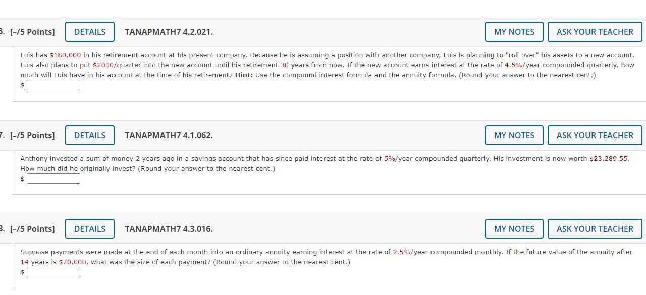 5. [-15 Points] DETAILS TANAPMATH7 4.2.021. MY NOTES ASK YOUR TEACHER Luis