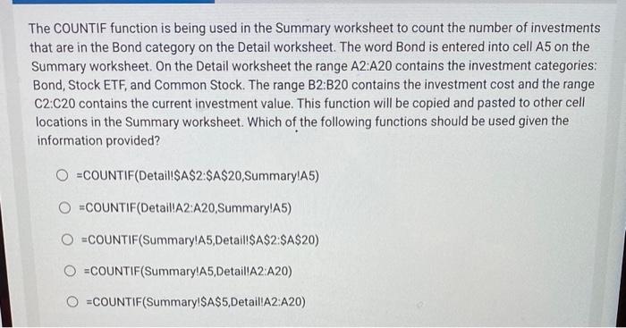 The COUNTIF function is being used in the Summary worksheet to count