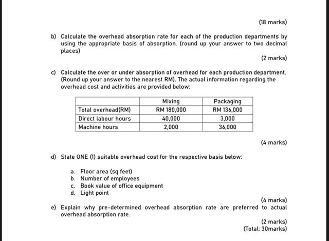 (18 marks) b) Calculate the overhead absorption rate for each of the