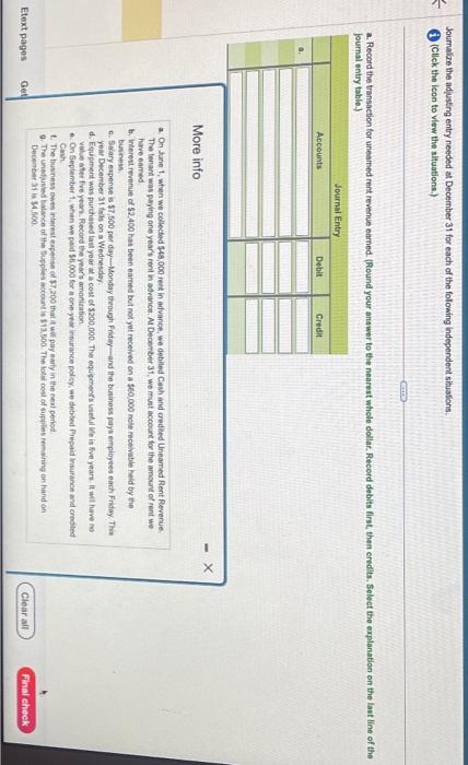 < Journalize the adjusting entry needed at December 31 for each of