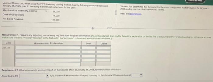 Vermont Resources, which uses the FIFO Inventory costing method, has the following