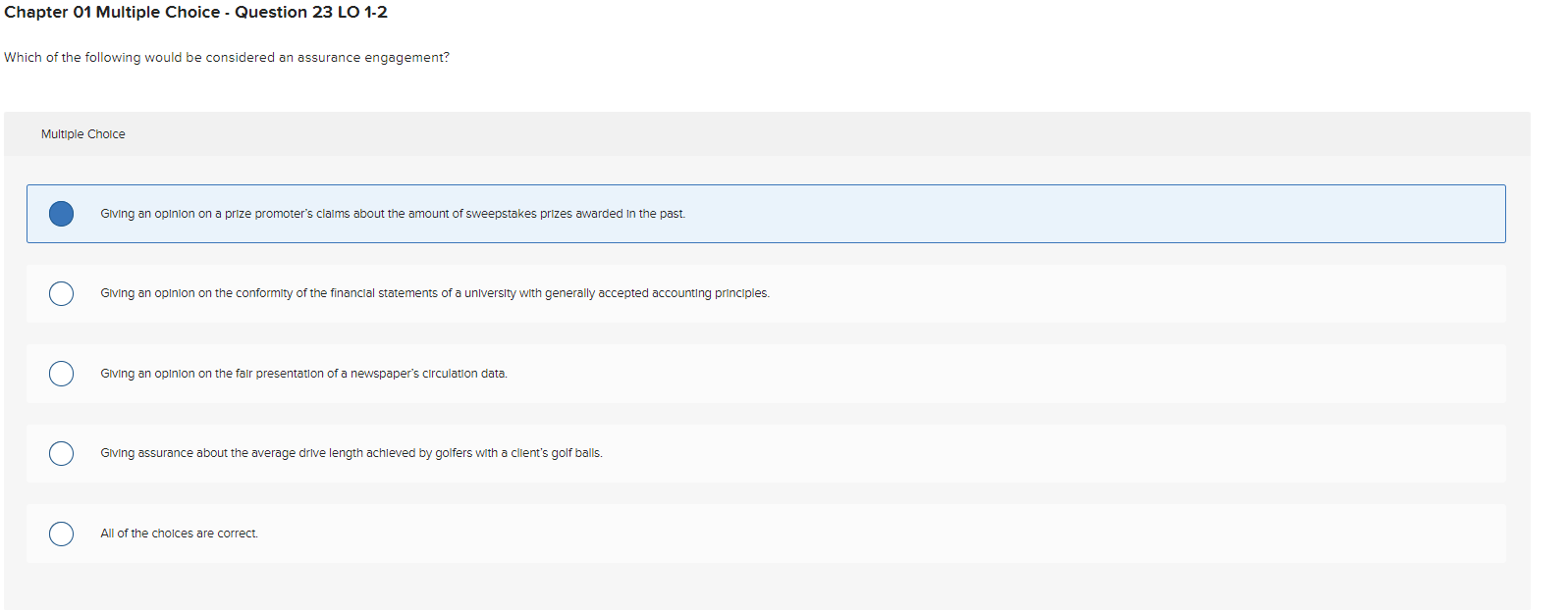 Chapter 01 Multiple Choice Question 23 LO 1-2 Which of the following