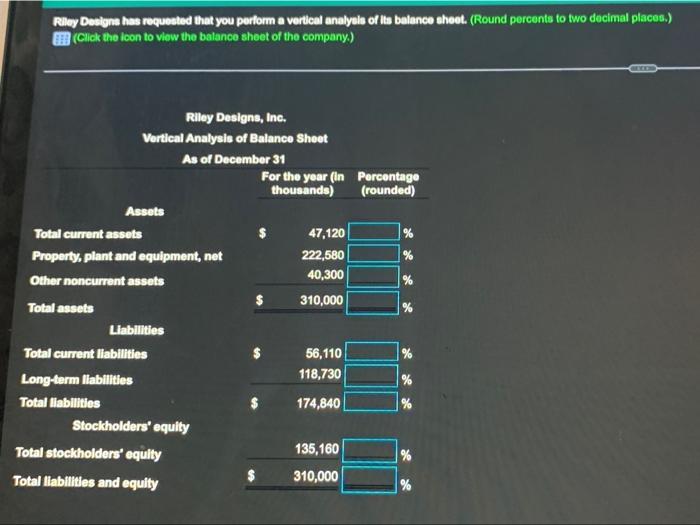 Riley Designs has requested that you perform a vertical analysis of its