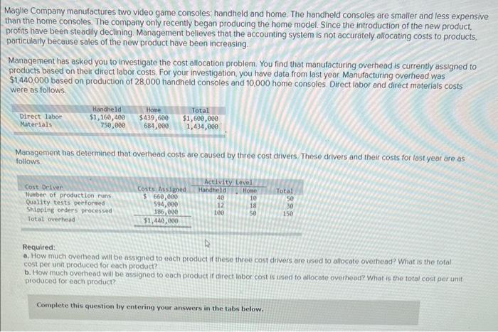 Southwest Components recenty swiched to activity based coding on the department alocation