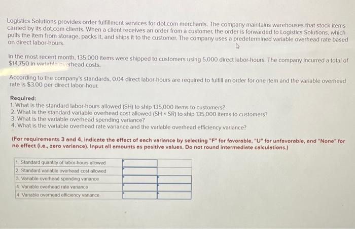 Logistics Solutions provides order fulfillment services for dot.com merchants. The company maintains