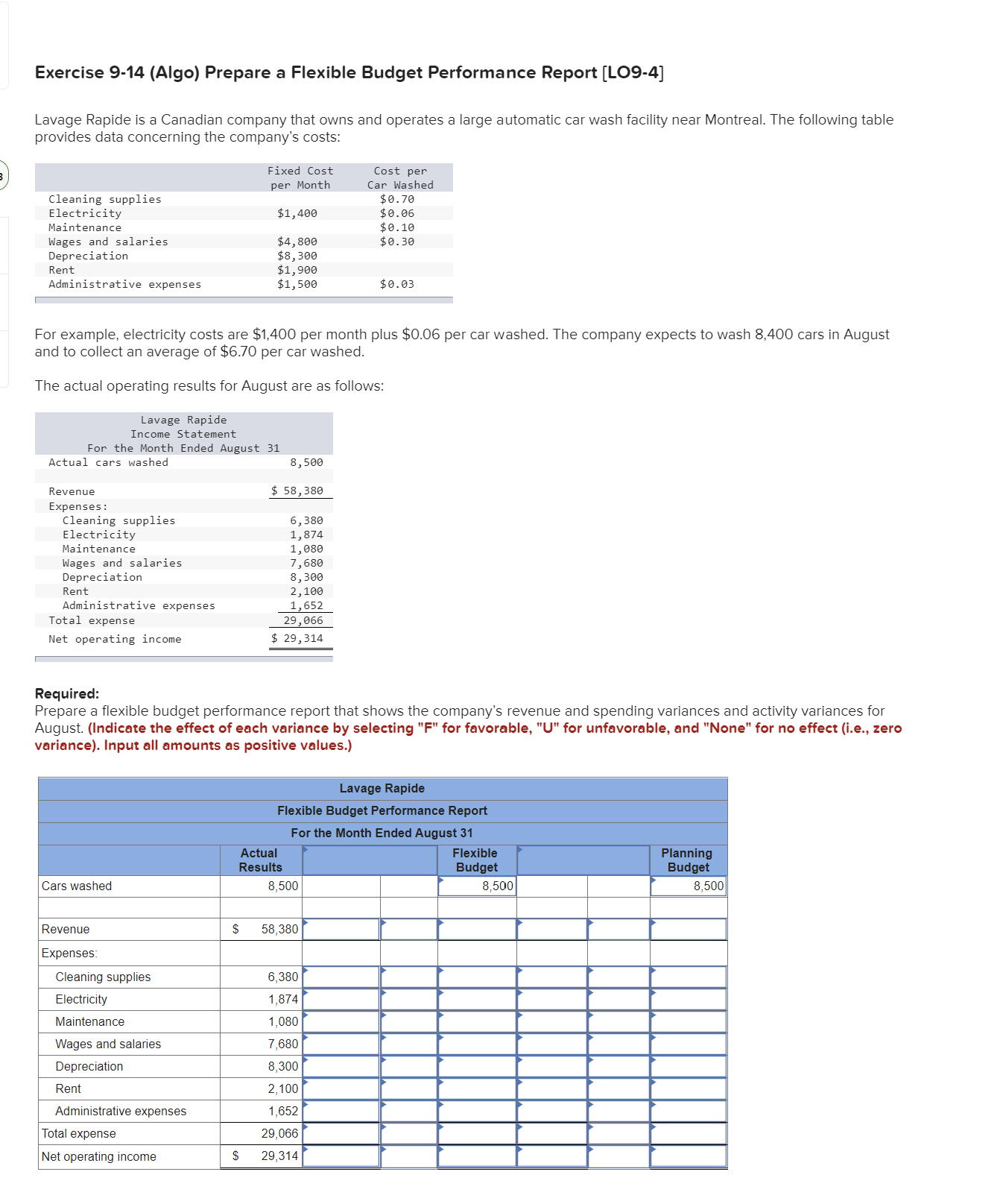 Exercise 9-14 (Algo) Prepare a Flexible Budget Performance Report [LO9-4] Lavage Rapide