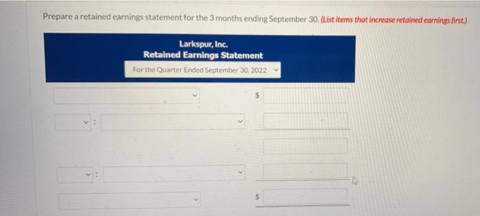Prepare a retained earnings statement for the 3 months ending September 30.