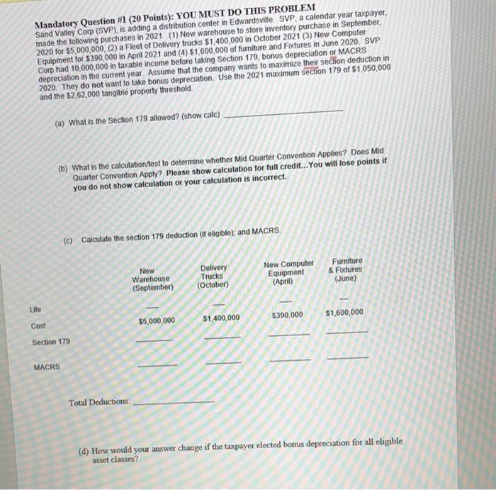 Mandatory Question #1 (20 Points): YOU MUST DO THIS PROBLEM Sand Valley