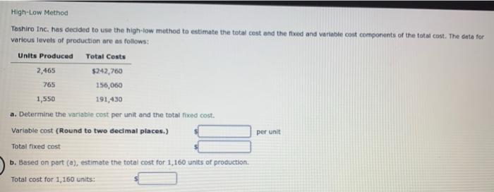 High-Low Method Tashiro Inc. has decided to use the high-low method to