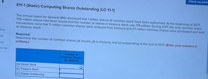 Check my work Book Ask rences E11-1 (Static) Computing Shares Outstanding [LO