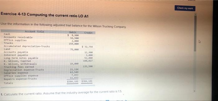 Exercise 4-13 Computing the current ratio LO A1 Use the information in
