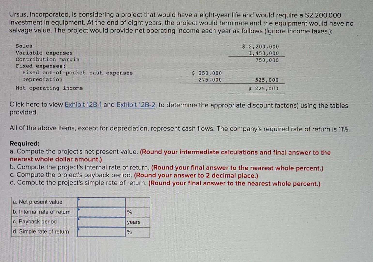 Ursus, Incorporated, is considering a project that would have a eight-year life