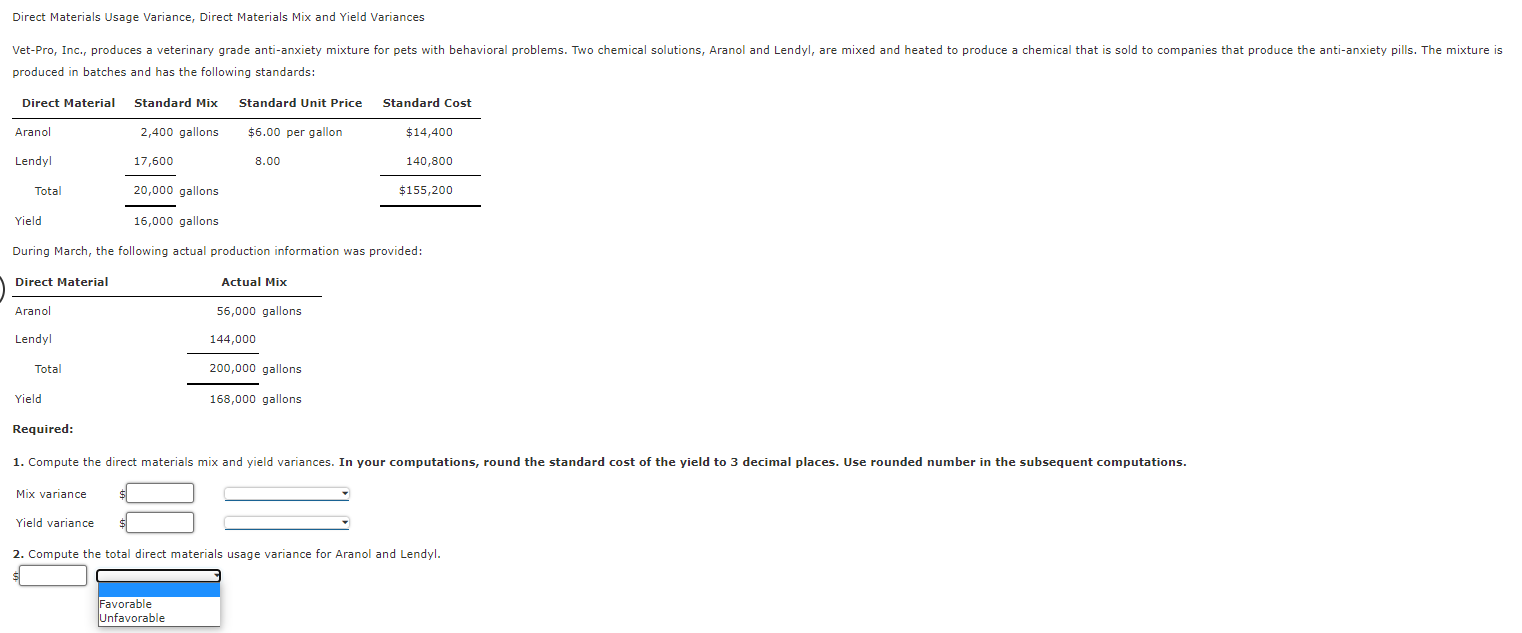 Direct Materials Usage Variance, Direct Materials Mix and Yield Variances Vet-Pro, Inc.,