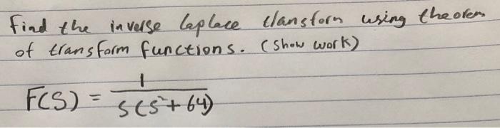 find the inverse laplace clansform using theorem of transform functions. (Show work)