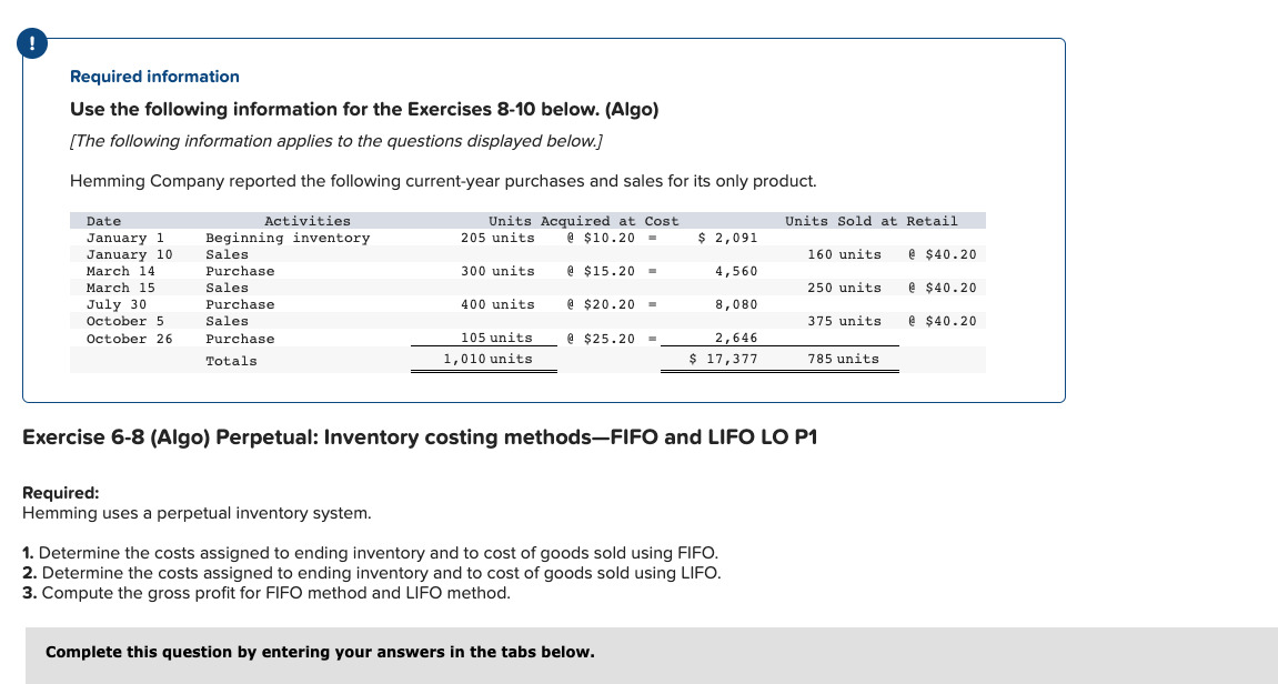 ! Required information Use the following information for the Exercises 8-10 below.