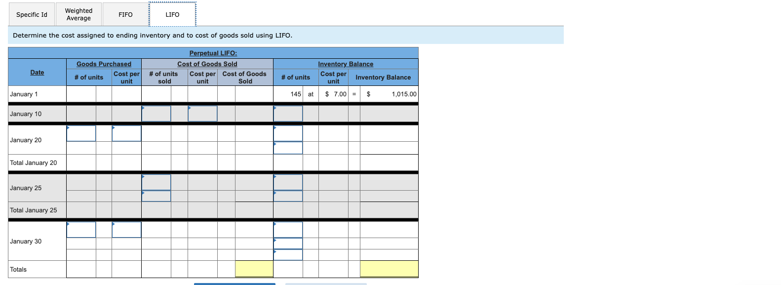 perpetual inventory system. For specific identification, ending inventory consists of 190 units