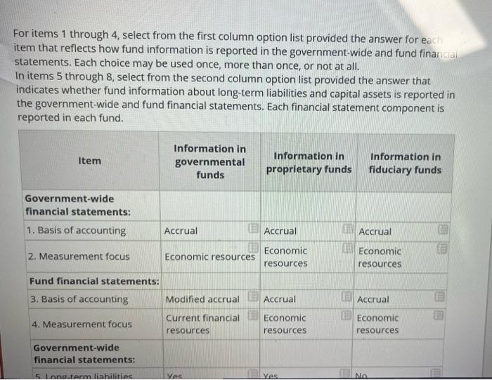 For items 1 through 4, select from the first column option list