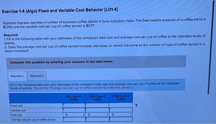 Exercise 1-4 (Algo) Fixed and Variable Cost Behavior [LO1-4] Espresso Express operates