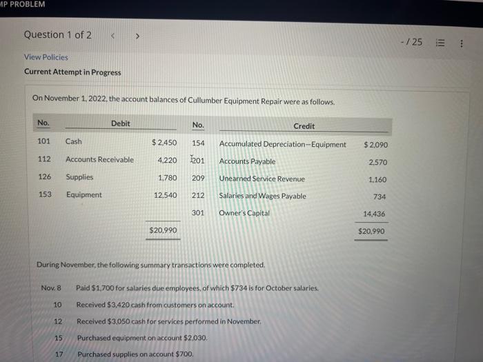 MP PROBLEM Question 1 of 2 View Policies Current Attempt in Progress