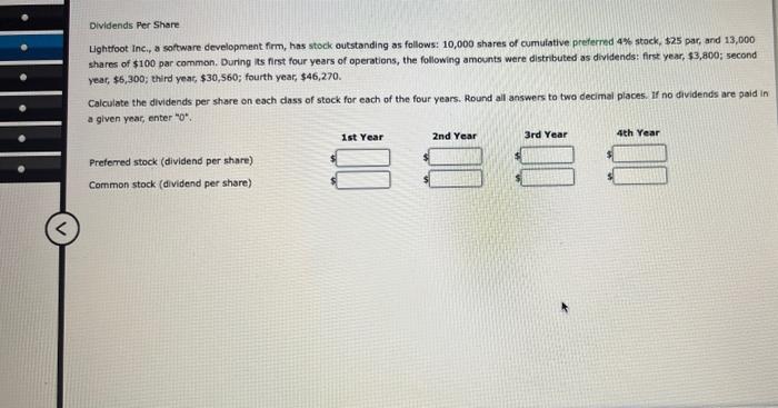 Dividends Per Share Lightfoot Inc., a software development firm, has stock outstanding