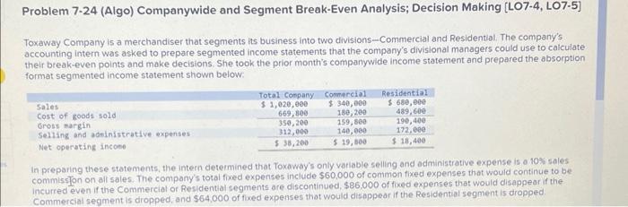 Problem 7-24 (Algo) Companywide and Segment Break-Even Analysis; Decision Making [LO7-4, LO7-5]