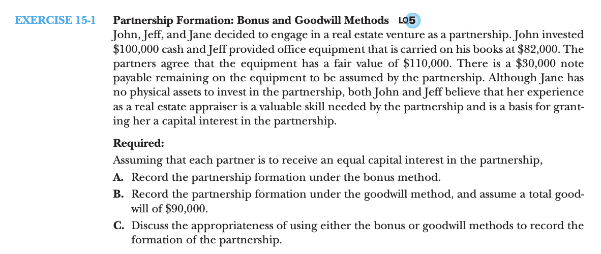 EXERCISE 15-1 Partnership Formation: Bonus and Goodwill Methods LO5 John, Jeff, and