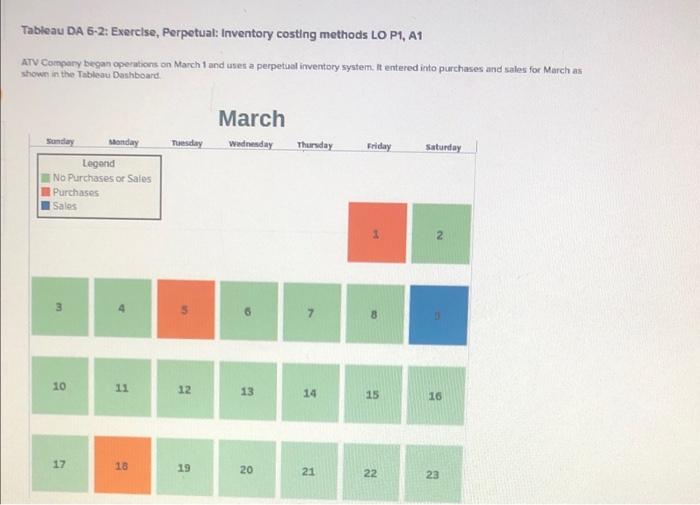 Tableau DA 6-2: Exercise, Perpetual: Inventory costing methods LO P1, A1 ATV