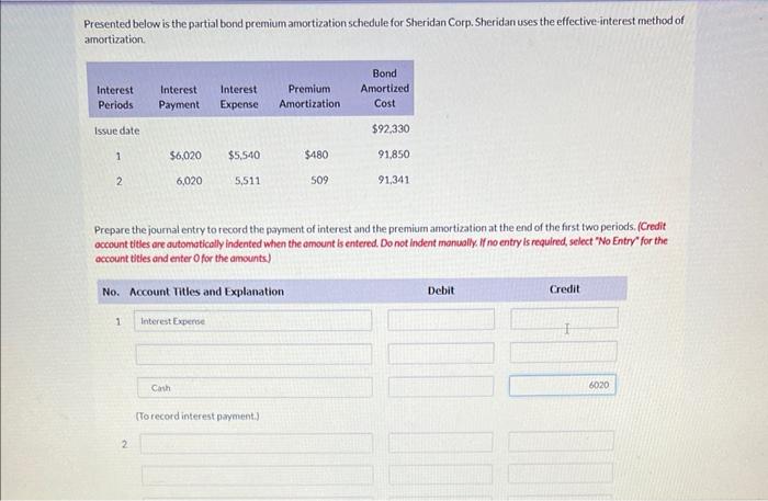 Presented below is the partial bond premium amortization schedule for Sheridan Corp.