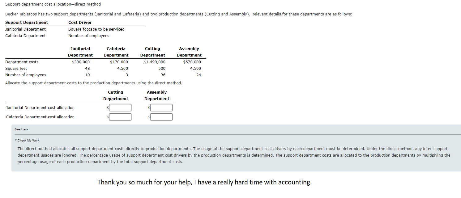 Support department cost allocation-direct method Becker Tabletops has two support departments (Janitorial