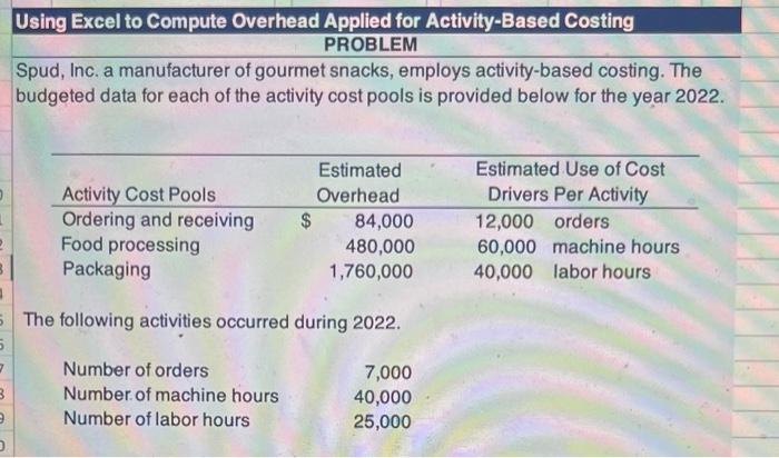 Using Excel to Compute Overhead Applied for Activity-Based Costing PROBLEM Spud, Inc.