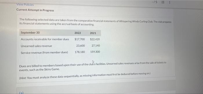 View Policies -15 Current Attempt in Progress The following selected data are