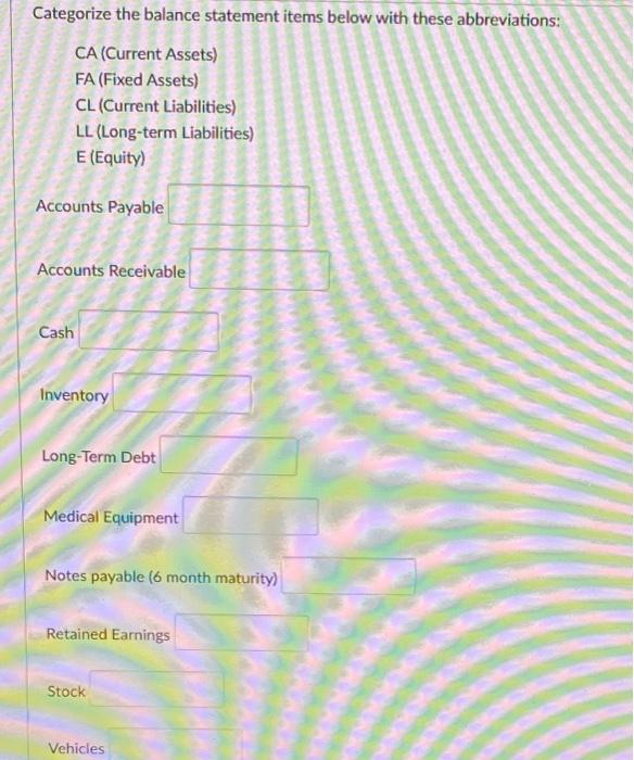 Categorize the balance statement items below with these abbreviations: CA (Current Assets)
