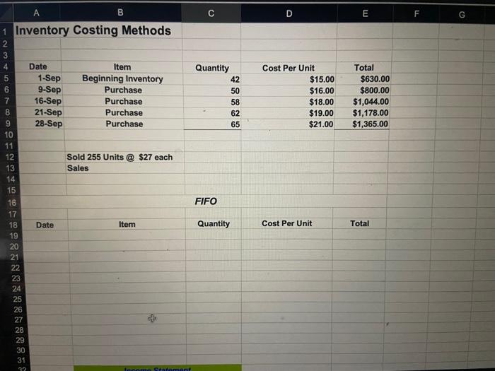 A B 1 Inventory Costing Methods D E F G 2 3