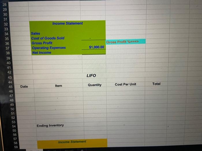 4 Date Item Quantity Cost Per Unit Total 5 1-Sep Beginning Inventory