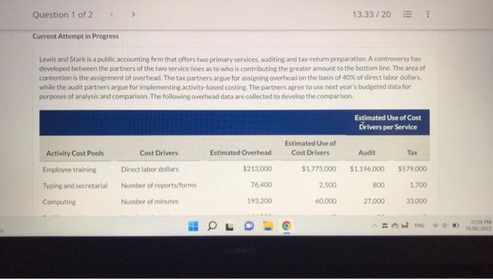 Question 1 of 2 < 13.33/20 Current Attempt in Progress Lewis and