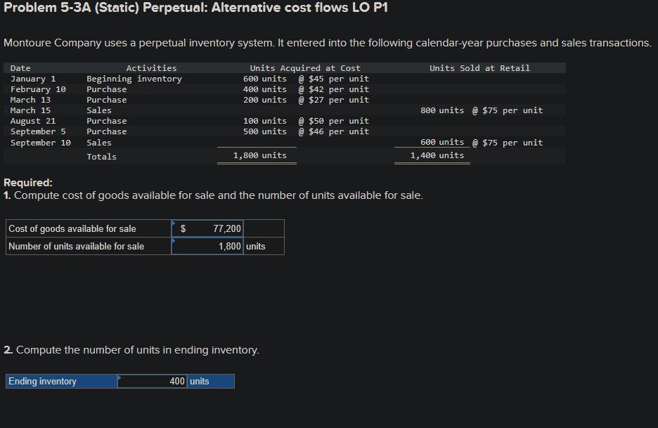 Problem 5-3A (Static) Perpetual: Alternative cost flows LO P1 Montoure Company uses