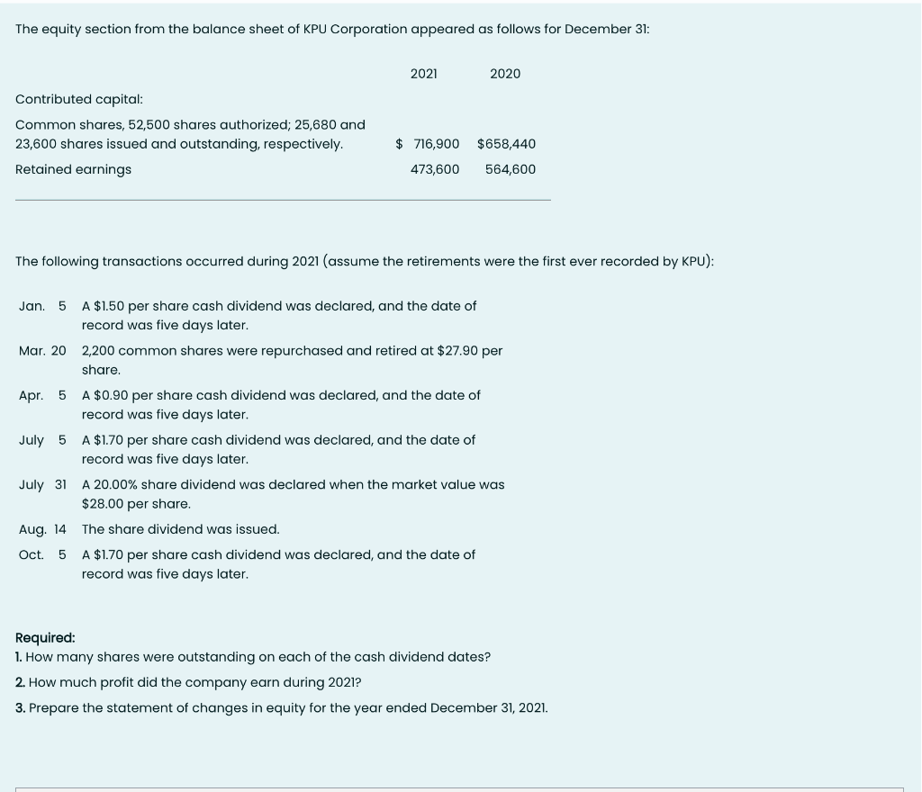 The equity section from the balance sheet of KPU Corporation appeared as