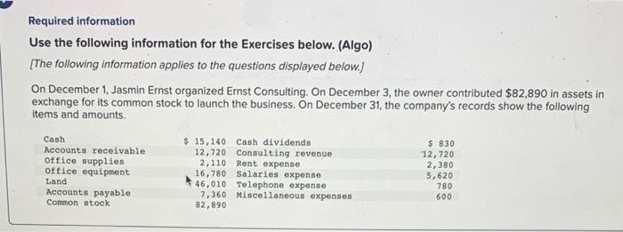 Required information Use the following information for the Exercises below. (Algo) [The