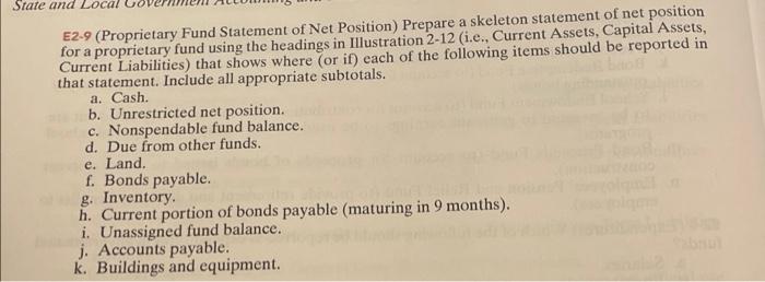 State and Local E2-9 (Proprietary Fund Statement of Net Position) Prepare a